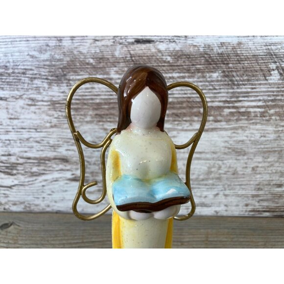 Ceramic Angel Figurine Holding Book Yellow Glittered Dress 7.25" Tall - Picture 2 of 7